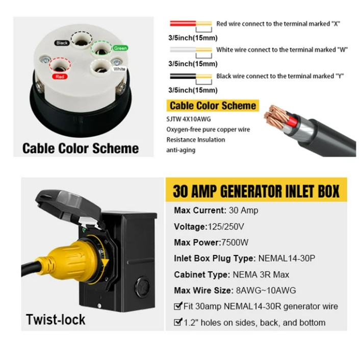 20FT 30Amp RV Extension Cord with Generator Inlet Box ETL L14-30P to L14-30R