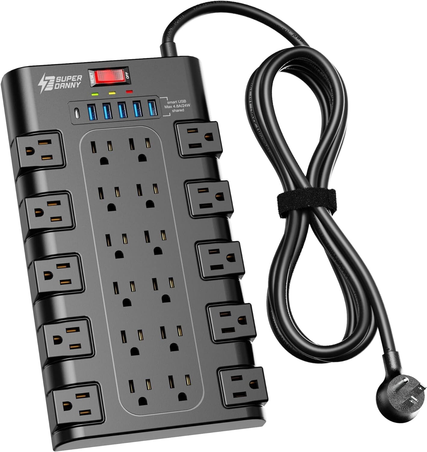 Power Strip SUPERDANNY Surge Protector 22 AC Outlets 6 USB Charging Ports 6.5Ft