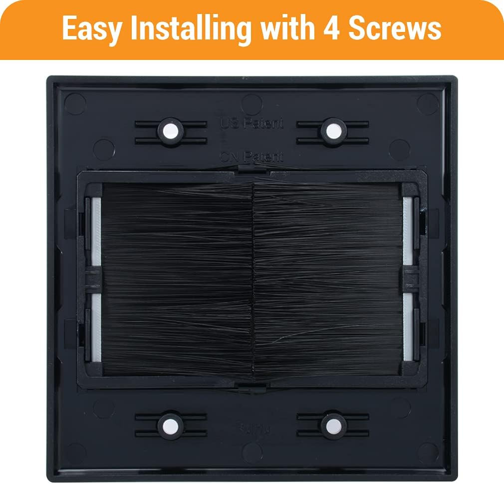 2 Gang Brush Wall Plate (Black, 2 Pack), Double Gang Cable Wall Plate for Power