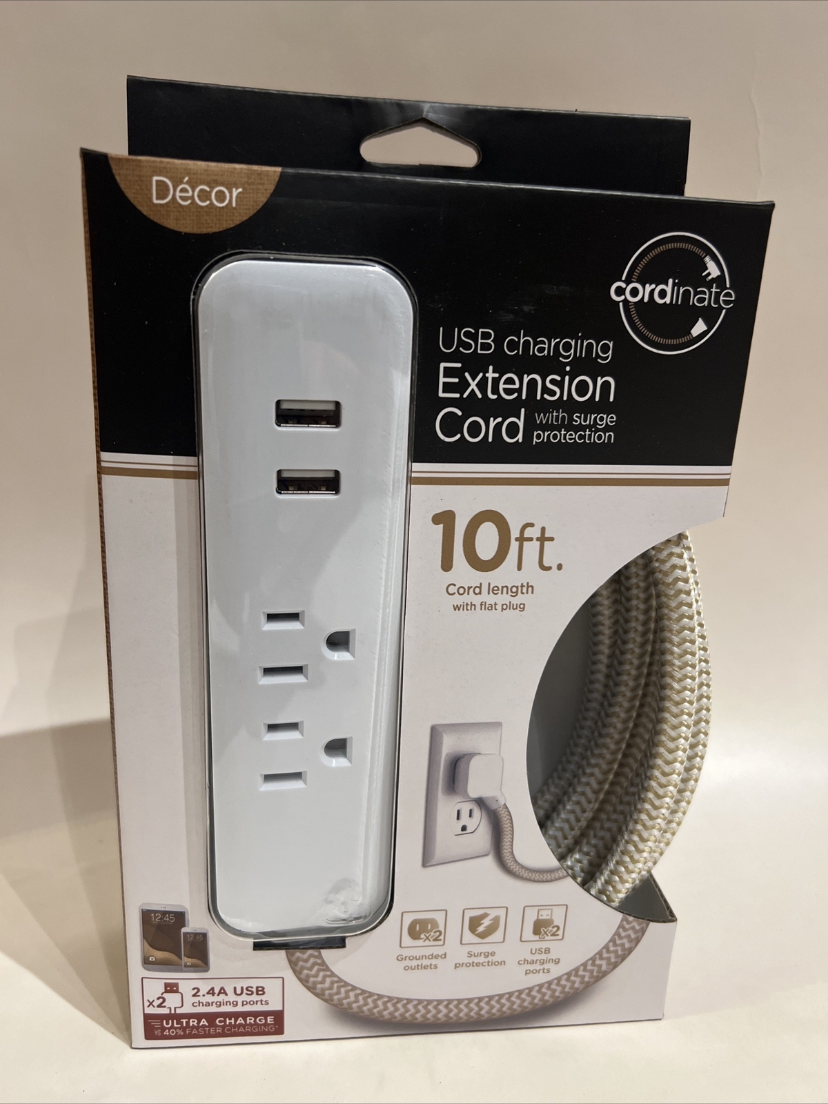 Cordinate Designer USB Charging Station Extension Cord Power Strip Surge Pro 10’