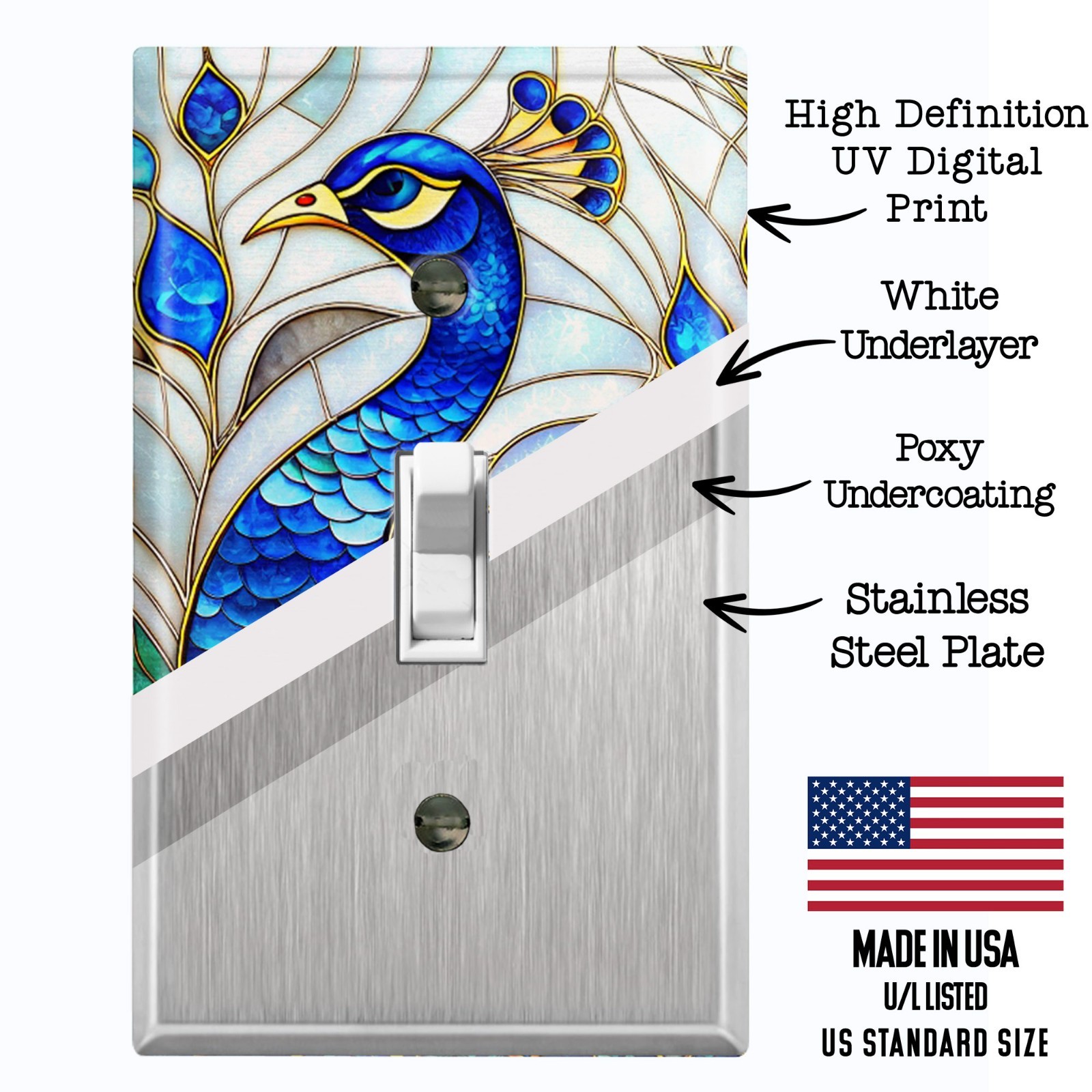 Metal Light Switch Outlet Cover Wall Plate Peacock Stained Glass PRINT AML192