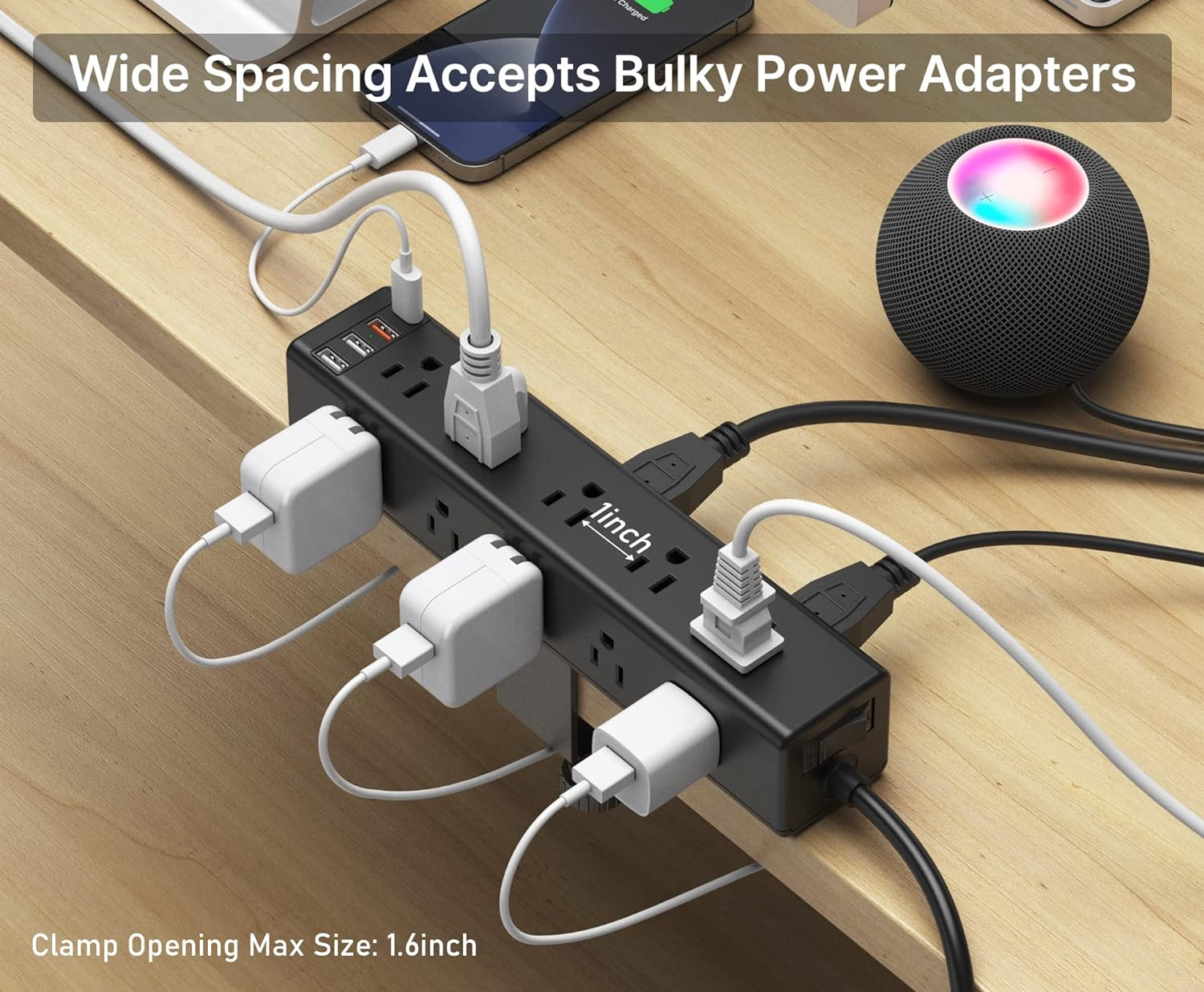 Standing Desk Clamp Power Strip with 15 Outlets, Widely Spaced Desktop Edge M…