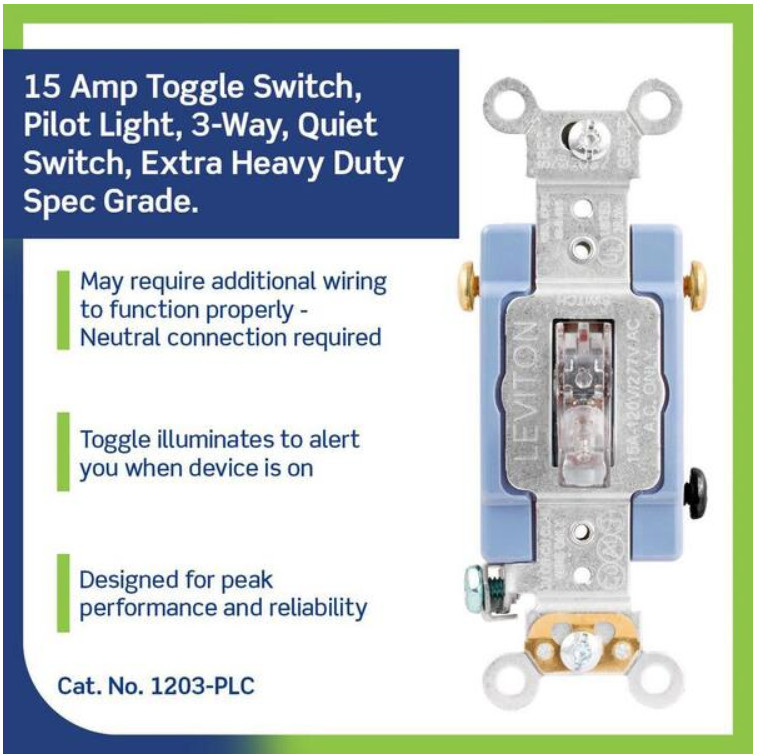 Leviton 15A Industrial Grade Heavy Duty 3-Way Pilot Light Toggle Switch, Clear