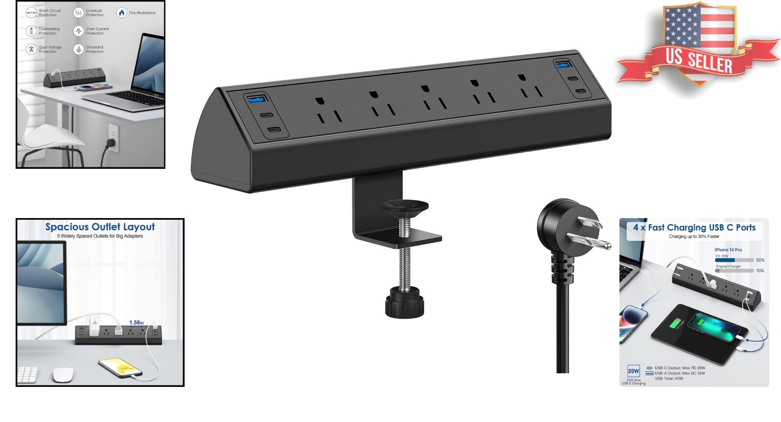 Versatile Desk Clamp Power Strip – USB C Fast Charging – 5 Outlets 6 USB Ports