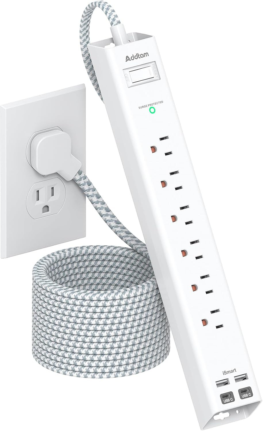 10 Ft Extension Cord Power Strip with 6 Outlets & 4 USB Ports, Flat Plug