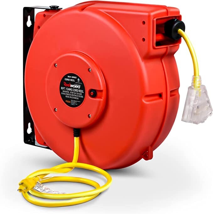 ReelWorks Retractable Industrial 12awg x 80′ Foot Commercial Extension Cord Reel