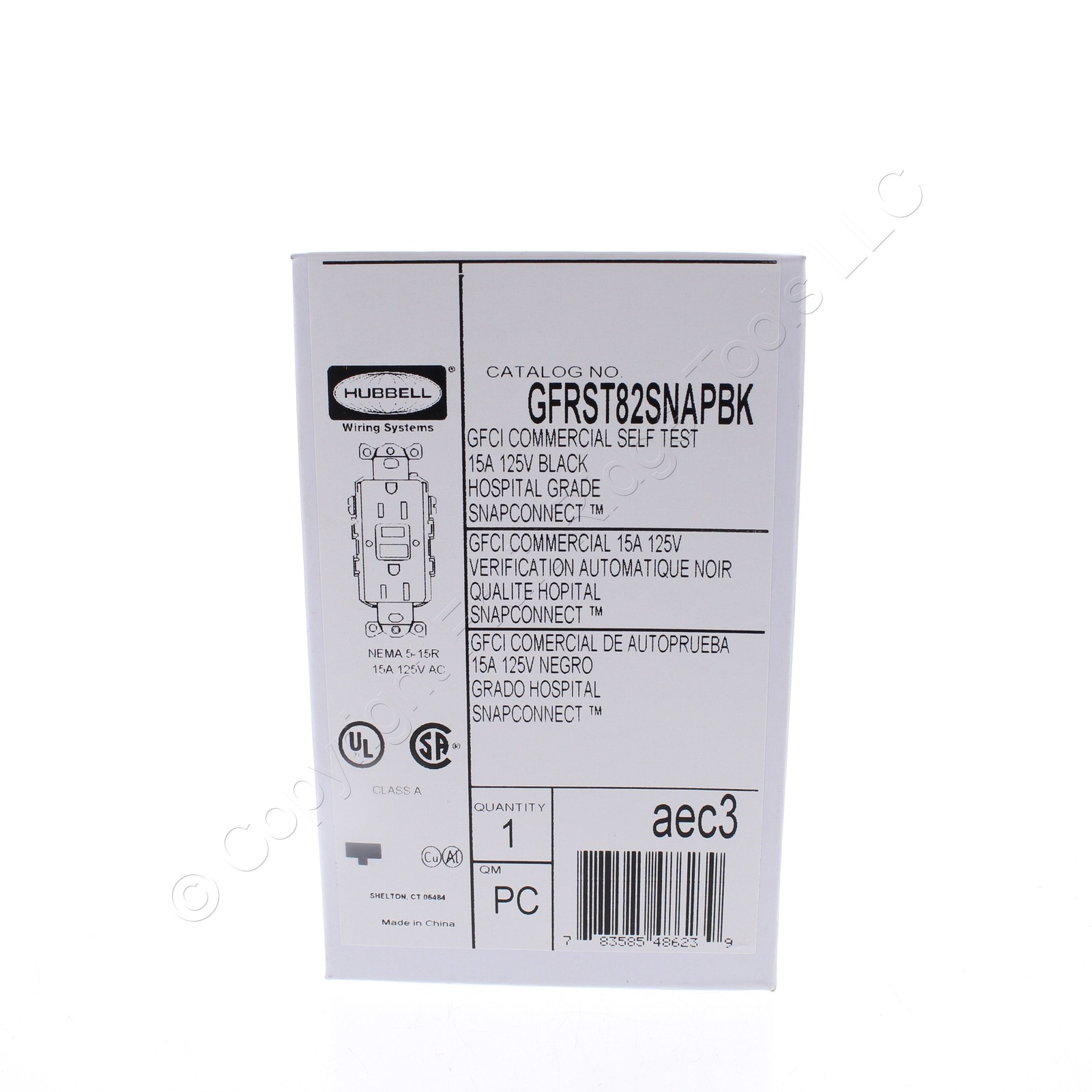 Hubbell 15A SnapConnect Black Self-Test Hospital Gfci Receptacle GFRST82SNAPBK