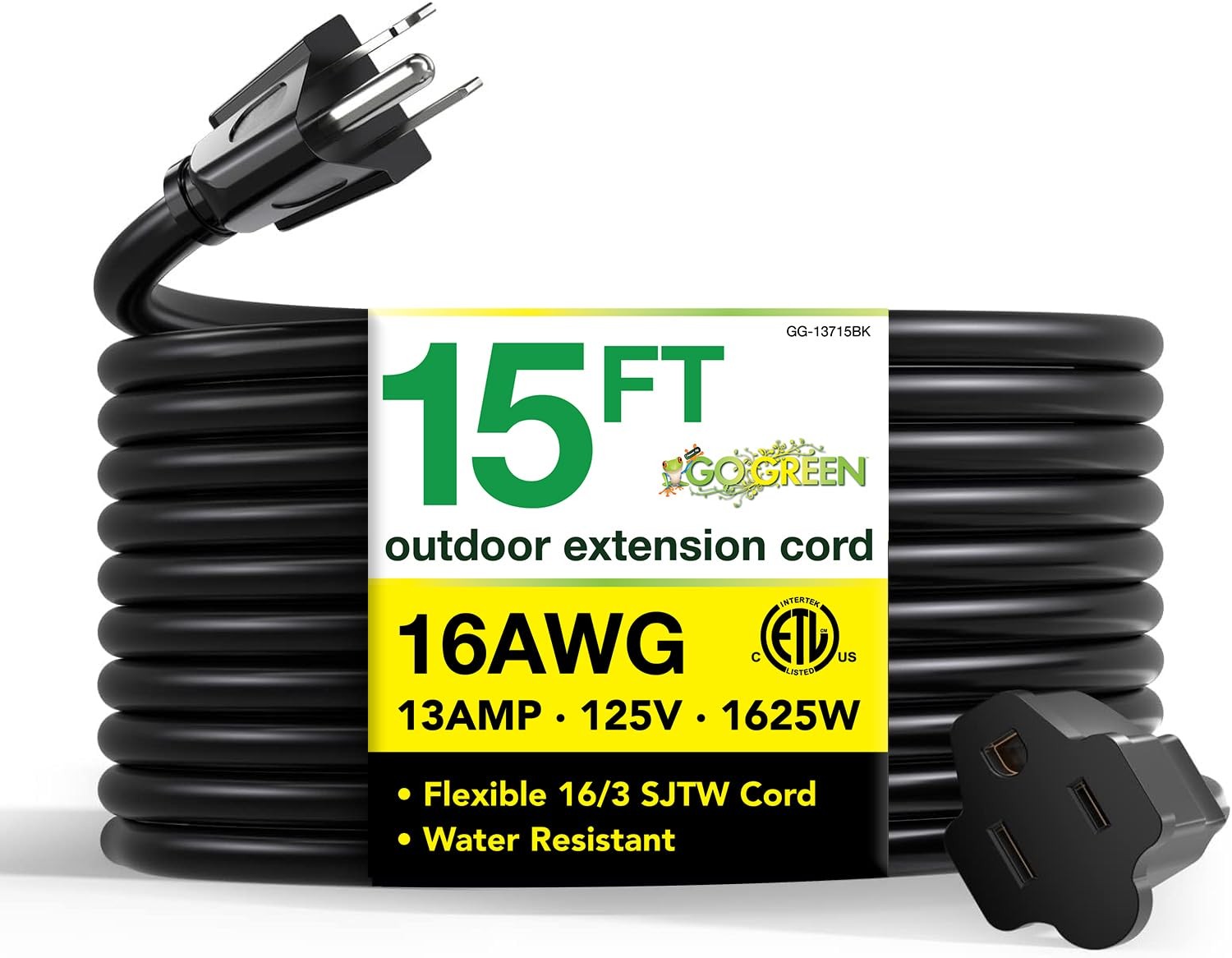 Gogreen Power 15Ft Heavy Duty Extension Cord 16 3 Sjtw Black Outdoor Cable