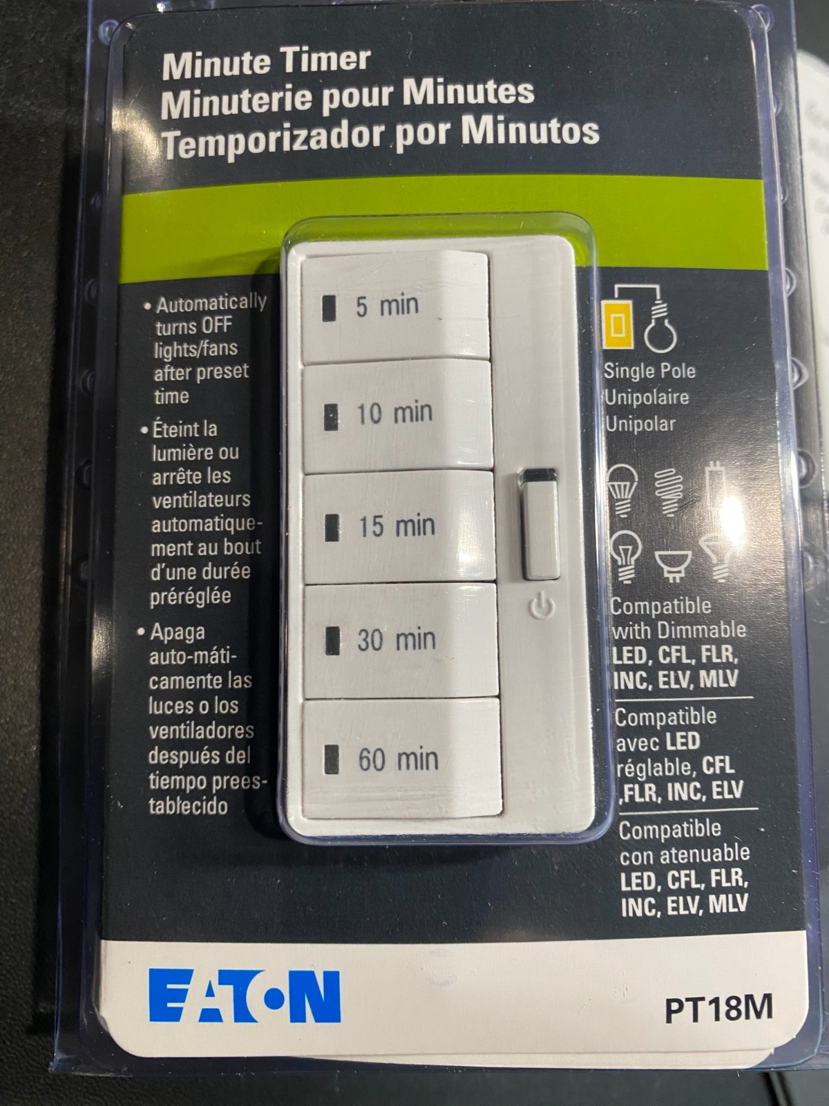 Eaton PT18-M-GY Programmable Timer 5,10,15,30,60 Mins 120V For Lights, Fans Etc.
