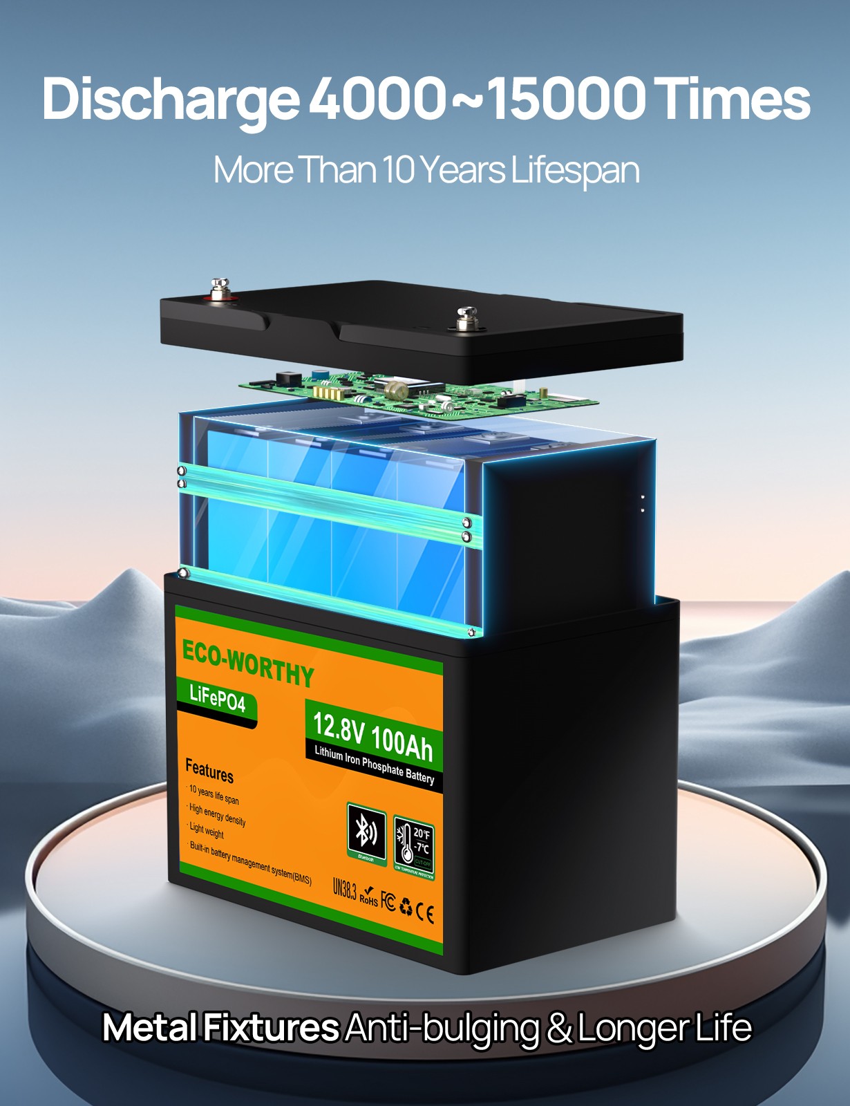 ECO-WORTHY 1280Wh 12V 100AH LiFePO4 Lithium Battery Bluetooth For RV Camping