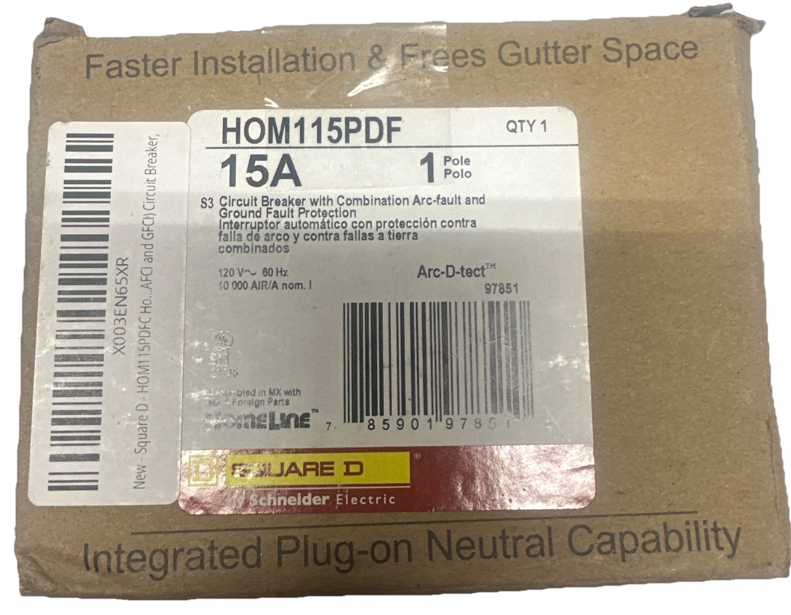 New Square D HOM115PDF Homeline, 15A, 1P, 120V~ GFCI, Plug On Circuit Breaker