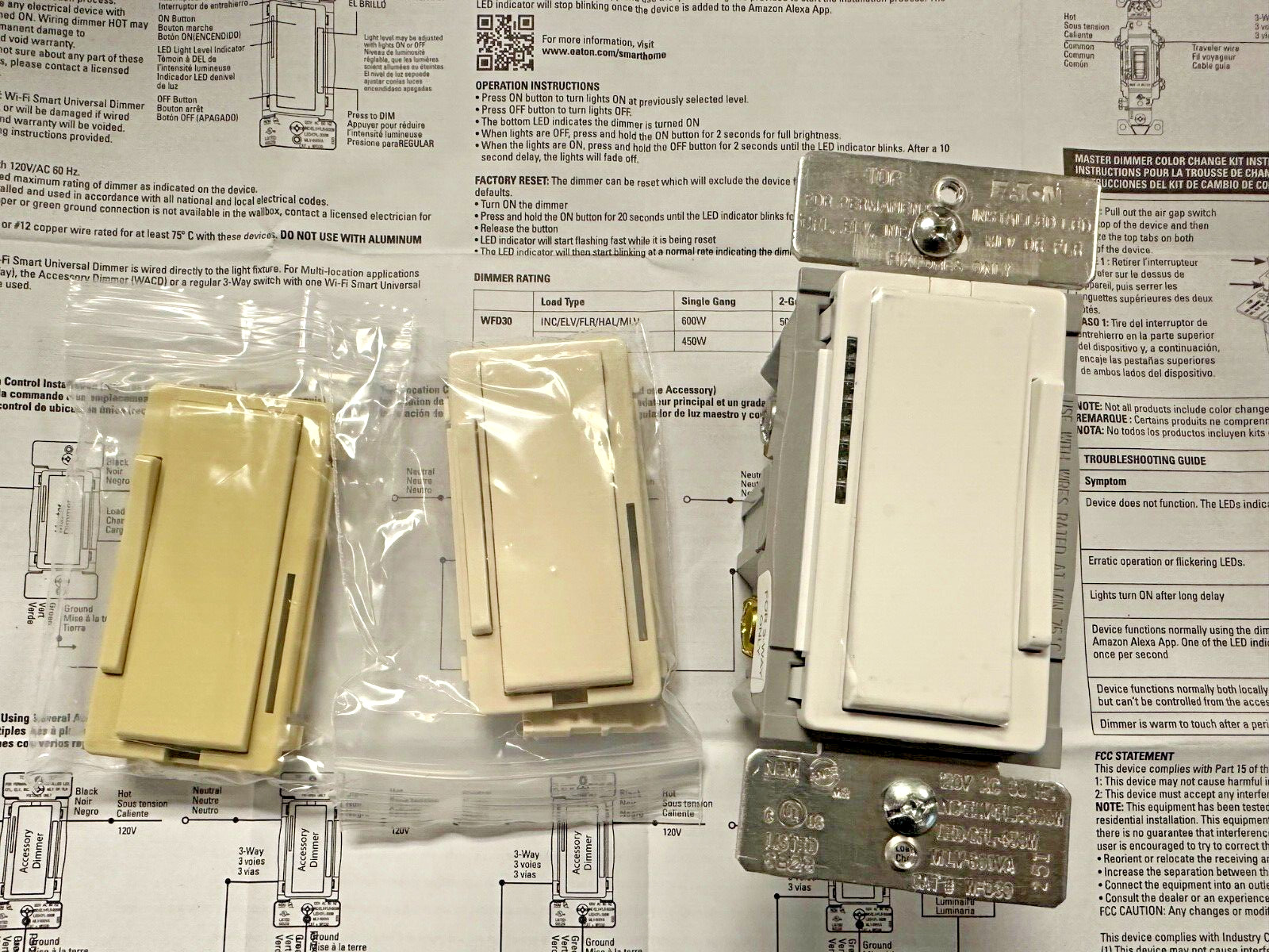 NEW Eaton WFD30-C2 Wi-Fi Smart Dimmer Switch with White/Light Almond/Ivory cover
