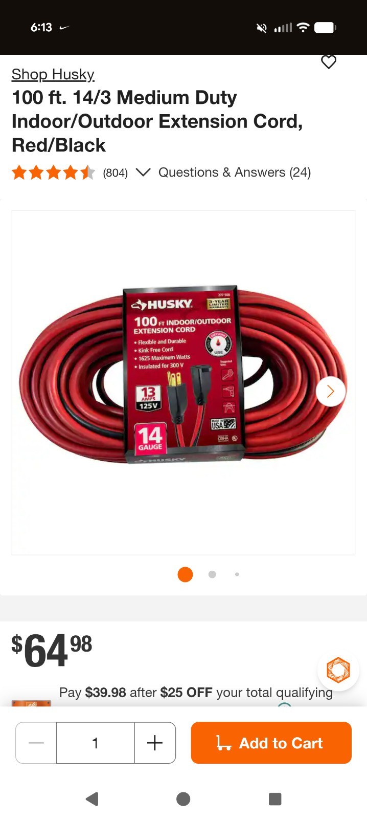 100 ft. 14/3 Medium Duty Indoor/Outdoor Extension Cord, Red/Black