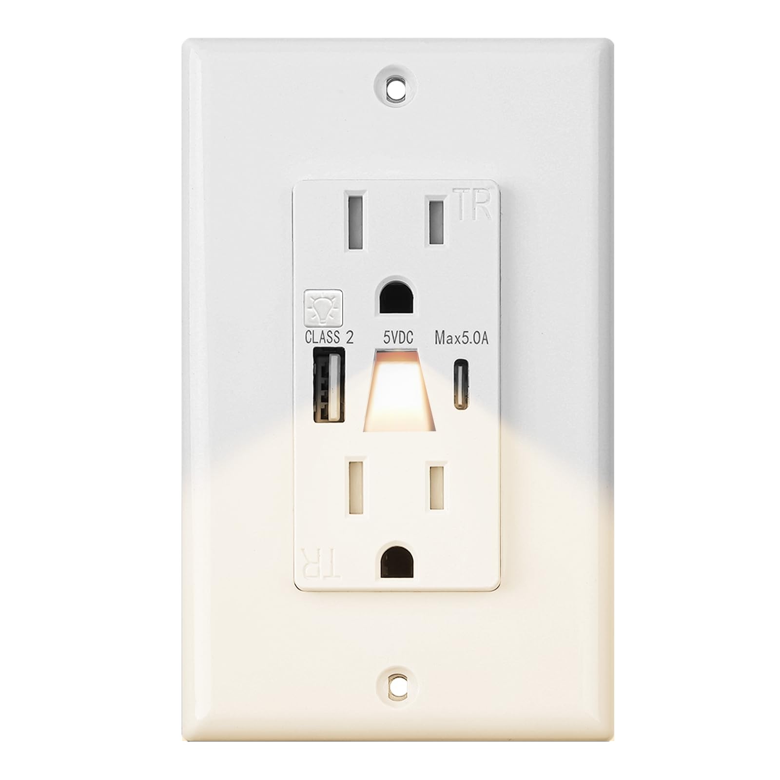 Wall Outlet with Night Light 15A USB A and C Ports Tamper Resistant White