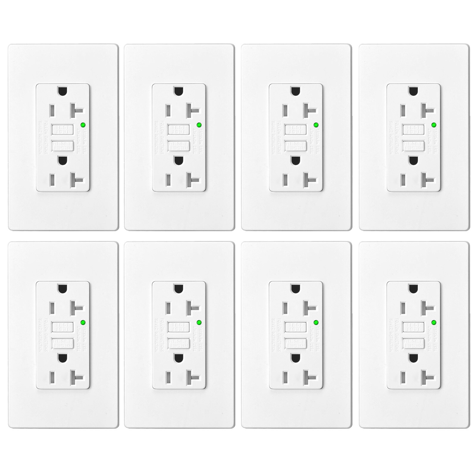 GFI GFCI Outlet 20A Amp Electric Receptacles Plugs Non-TR with Wall Plate 8 Pack
