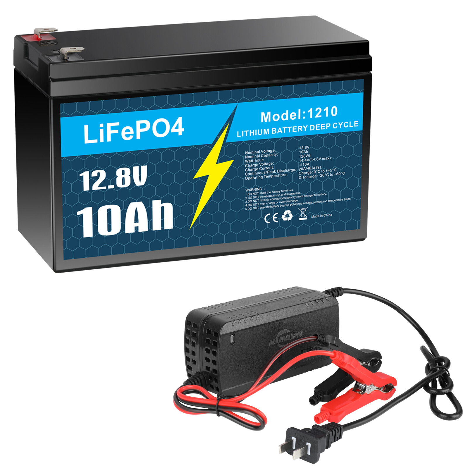 12V 10Ah LiFePO4 Lithium Battery with Charger, Built-in 10A BMS, for Power Wheel