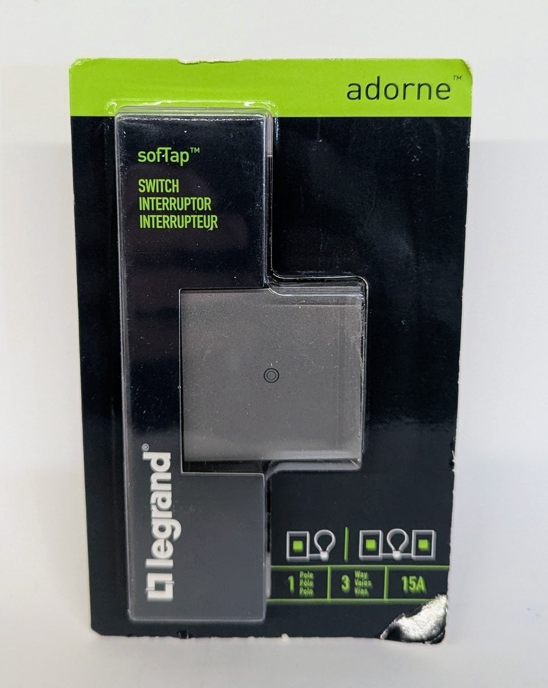 Legrand Adorne SofTap Switch 15A 1-Pole 3-Way – Magnesium – ASTP1532M4