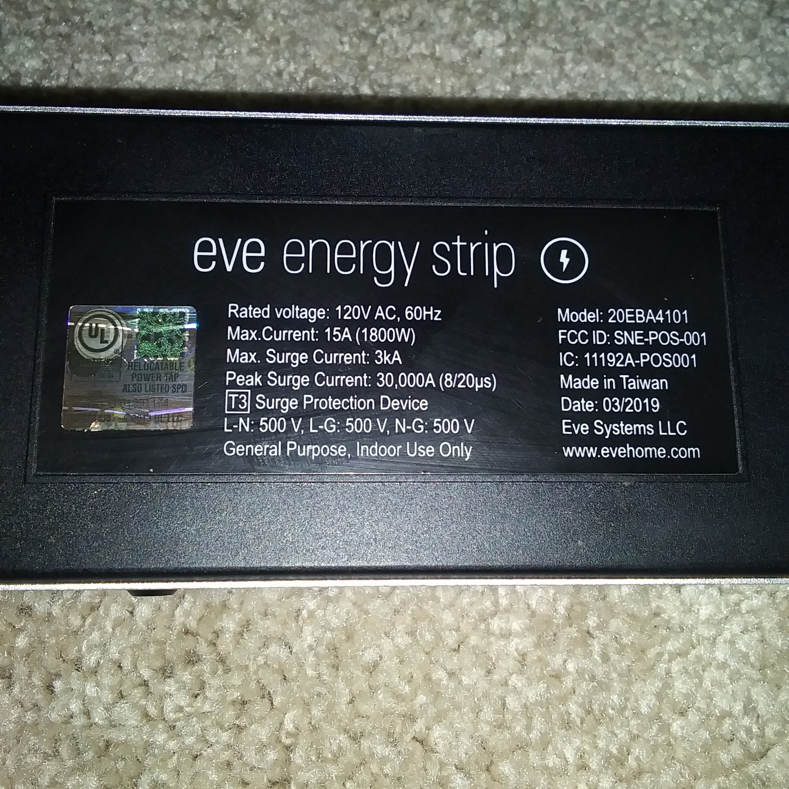 Eve Energy Strip 20EBA4101 Smart Triple Outlet Apple HomeKit