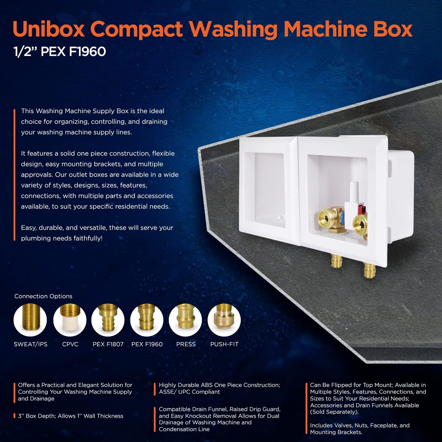 1/2″in PEX White ABS Double Compact Interlocking Washing Machine Outlet Box NEW