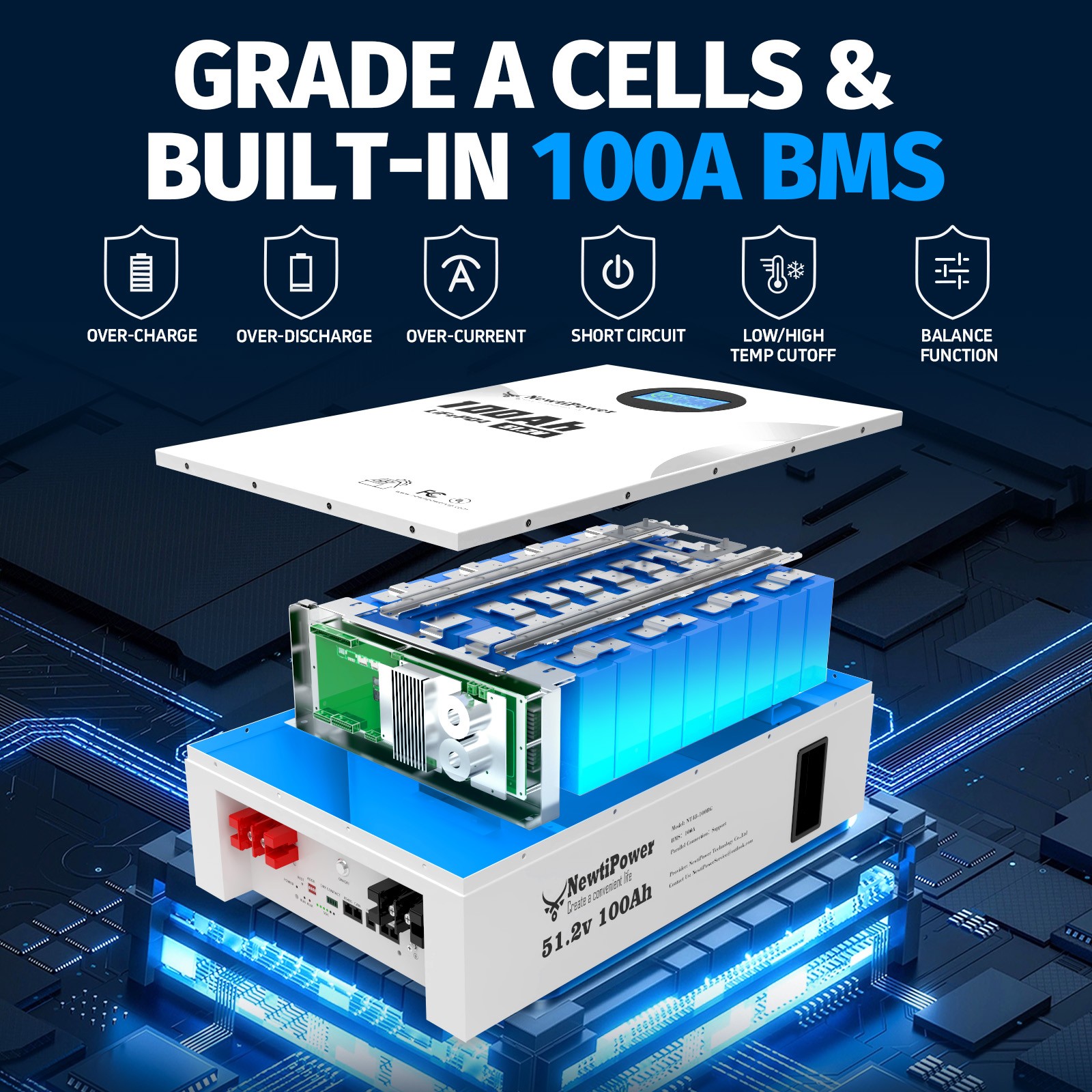 48V 100Ah LiFePO4 Lithium Battery 5120Wh Wall Mounted 100A BMS Solar Home Backup