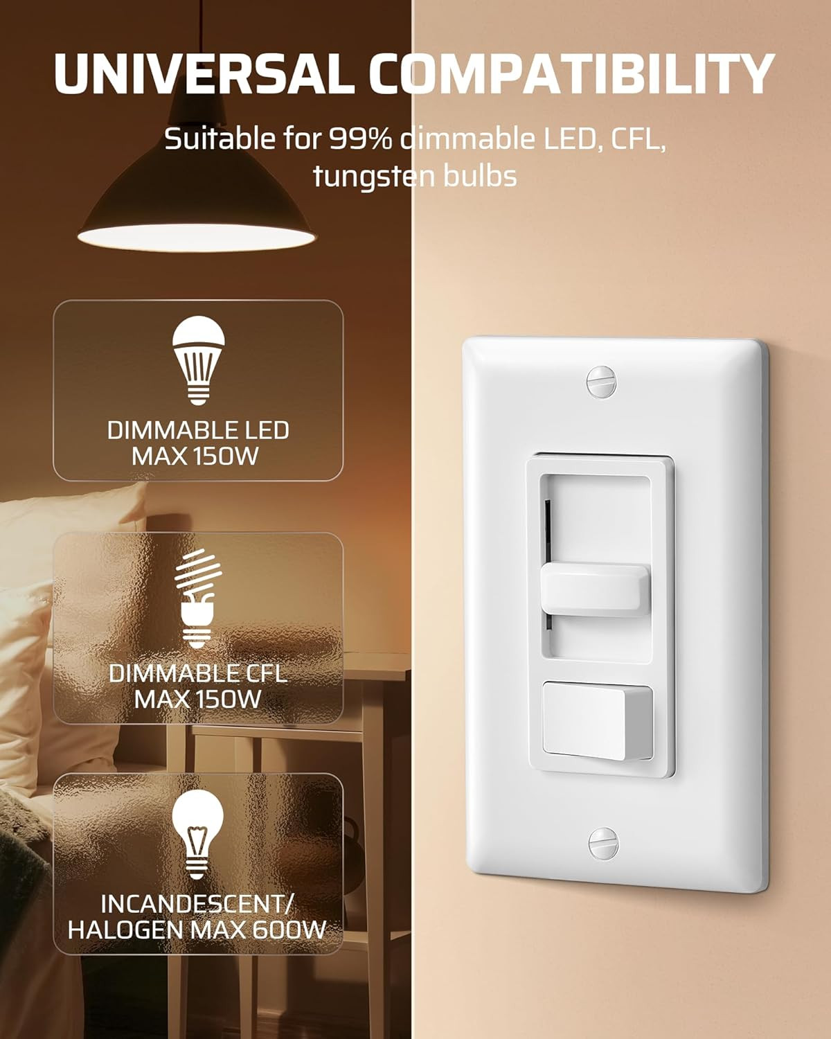 LED Dimmer Switch Single Pole 3 Way No Neutral Wire Slider Wall Plate ETL
