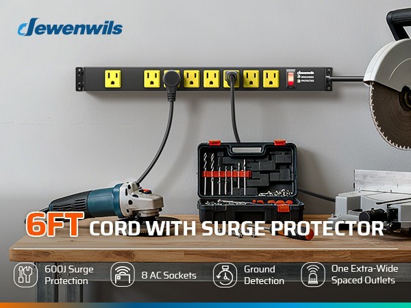 DEWENWILS Industrial Power Strip 8 Outlet Heavy Duty 600J Surge Protector Metal