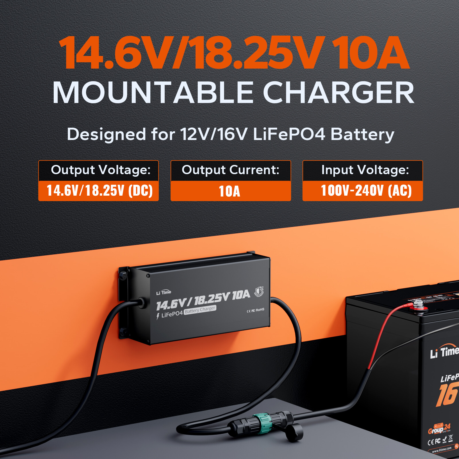 LiTime 12V(14.6V)&16V(18.25V) 10A Smart Charger for LiFePO4 Lithium Battery IP65