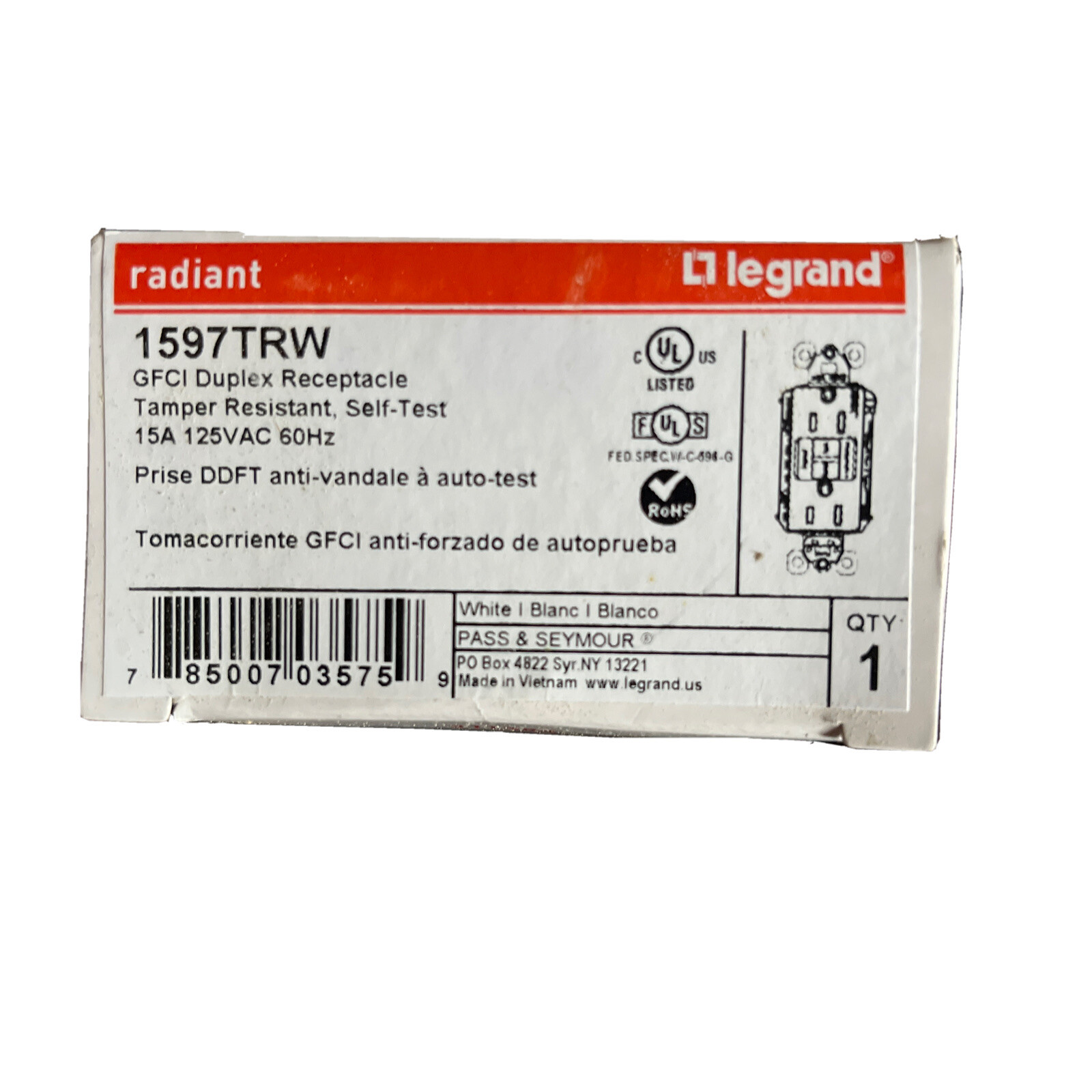 New Legrand 1597TRW GFCI Receptacle Tamper Resistant Outlet 15A 125V