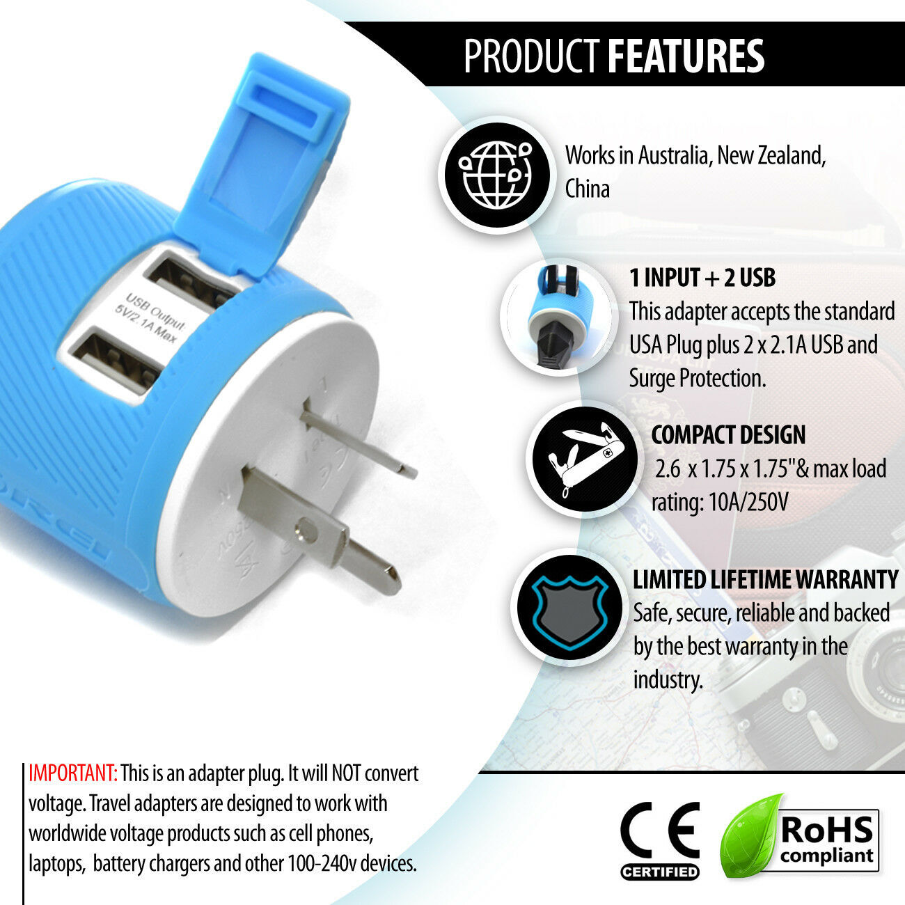 OREI Australia, China Travel Plug Adapter – Dual USB – Surge Protection – Type I