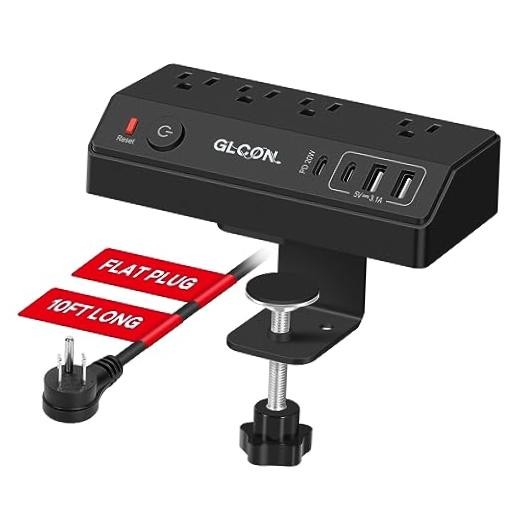 Desk Clamp Power Strip,20W USB C Fast Charging 1-Layer (4 AC + 4 USB) Black