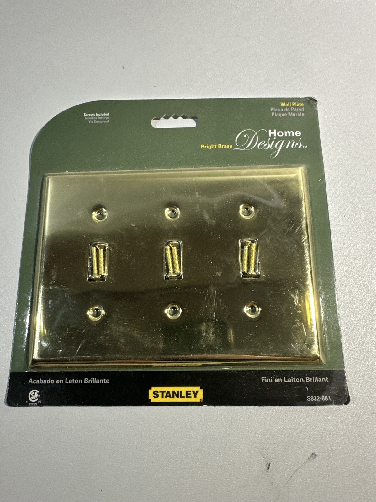 NOS Stanley Home Designs 3 Switch Bright Brass Wall Switch Plate