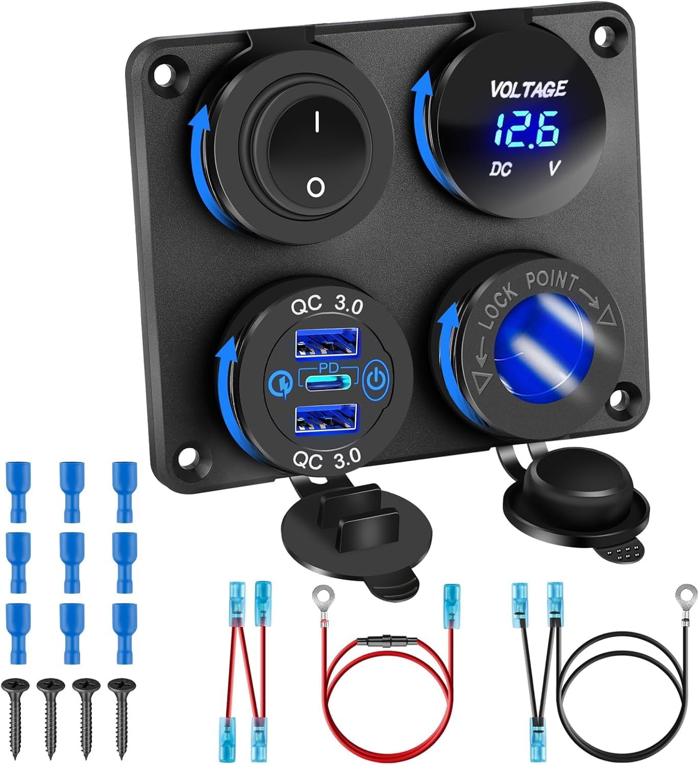 12V USB Charger Panel with PD 30W Ports& Dual QC3.0 18W: 4 in 1 4 1