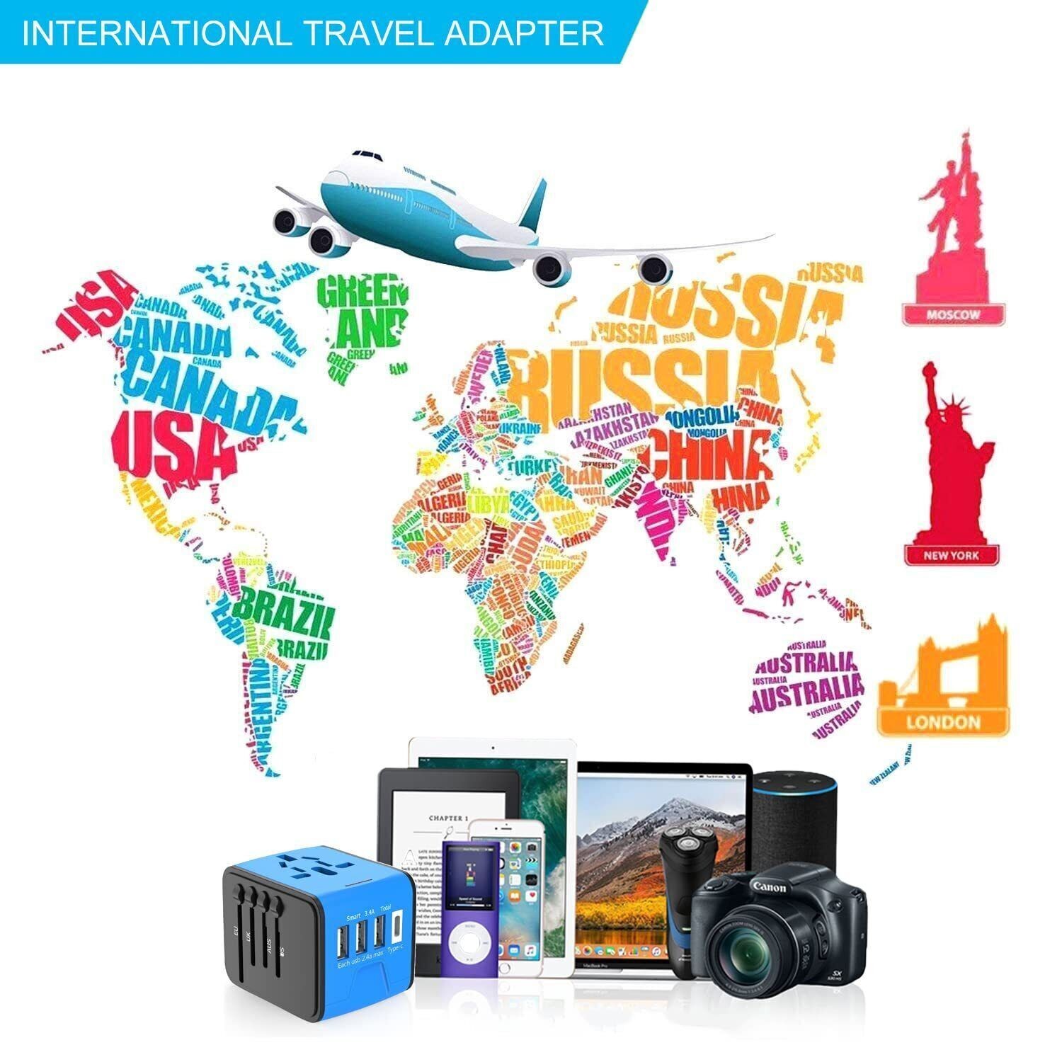 Universal International Travel Adapter Plug 3 USB Power Adapter+Type C Worldwide