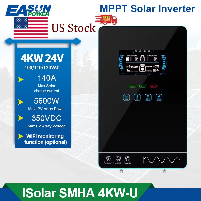4KW 4000W Hybrid Solar Inverter 24V AC 120V/240V MPPT 140A Parallel BMS Wifi US