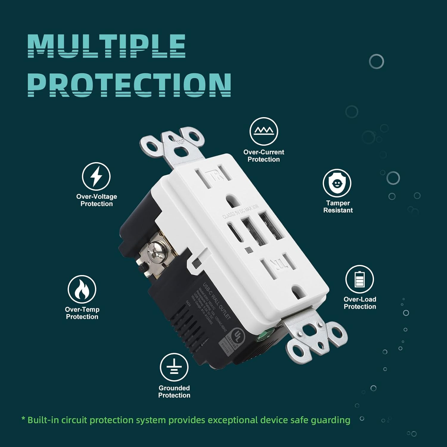 TOPELER USB C Wall Outlet, 15A Tamper Resistant Receptacle with 3 USB Port, 6.0A