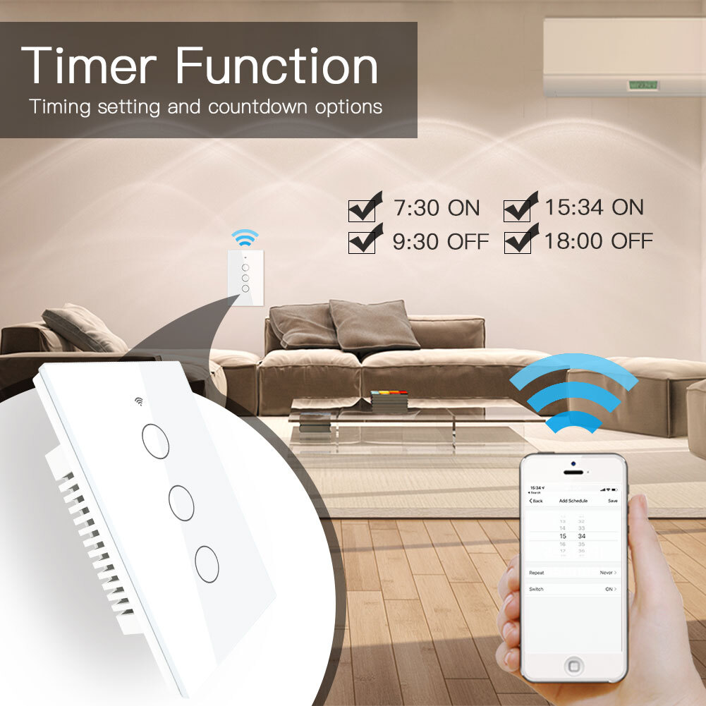 MOES WiFi Smart Light Switch Wall Touch Glass Panel Timer RF433 Alexa Google APP