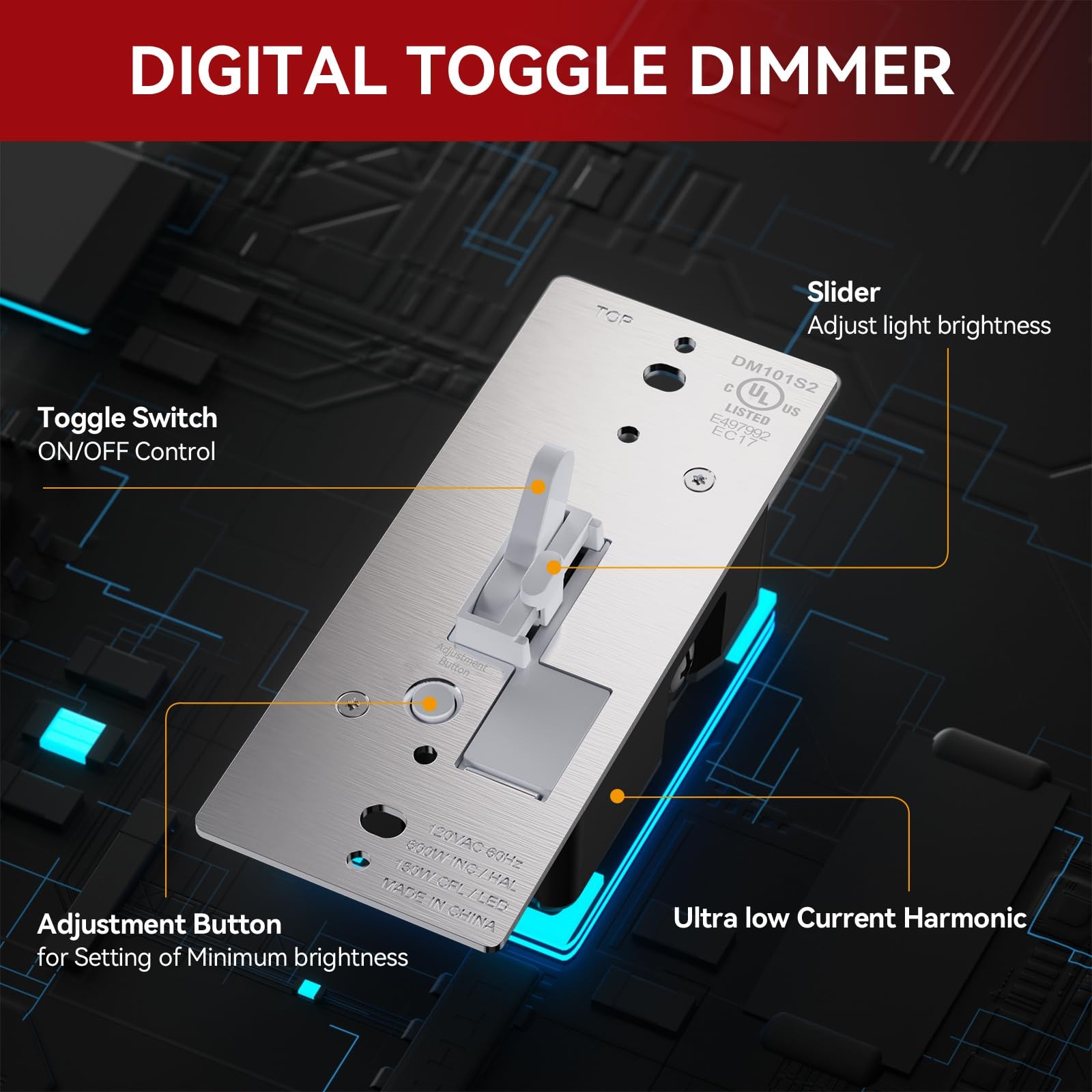 Toggle Slide Dimmer Switch For Dimmable Led Light/cfl/incandescent 600 Watt Max