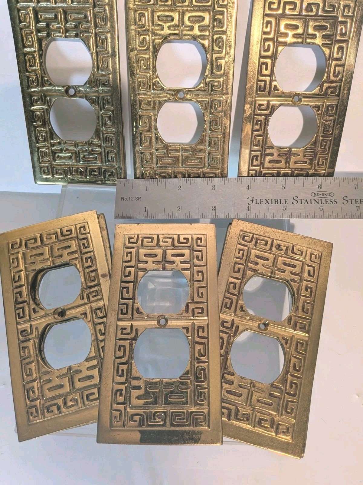 8 Brass Polished Oriental Outlet Plates Power MCM Greek Key Hollywood Regency