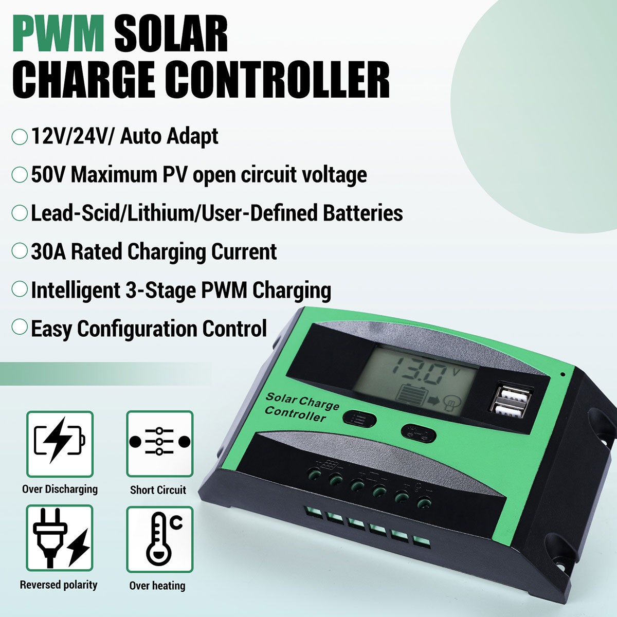 30A Solar Panel Battery Charge Controller 12V/24V LCD Regulator Auto Dual USB US