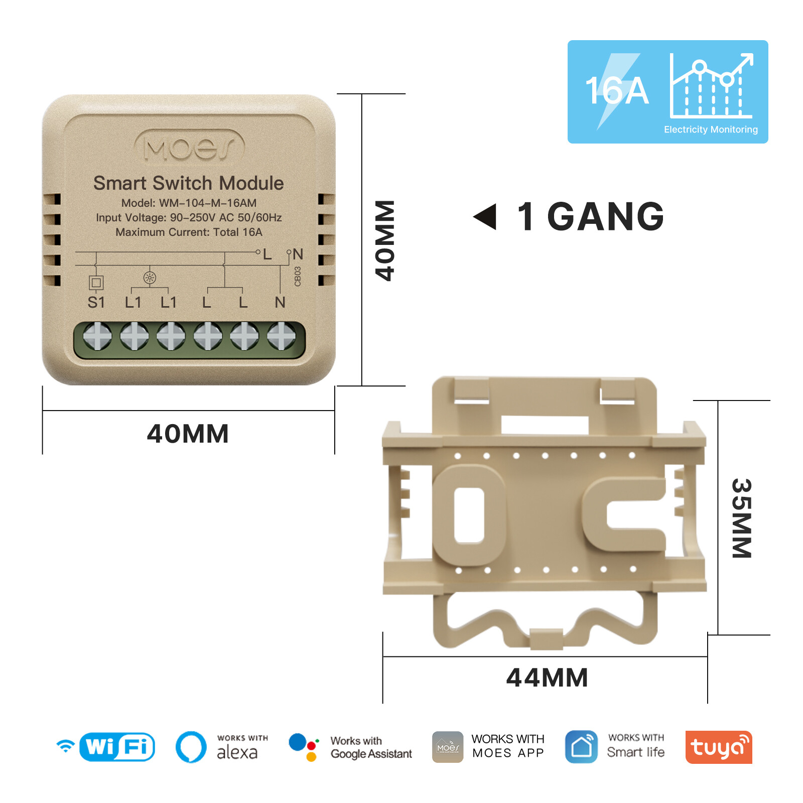MOES WiFi Mini Smart Switch Module 16A Energy Monitoring 3-Way Alexa Google APP