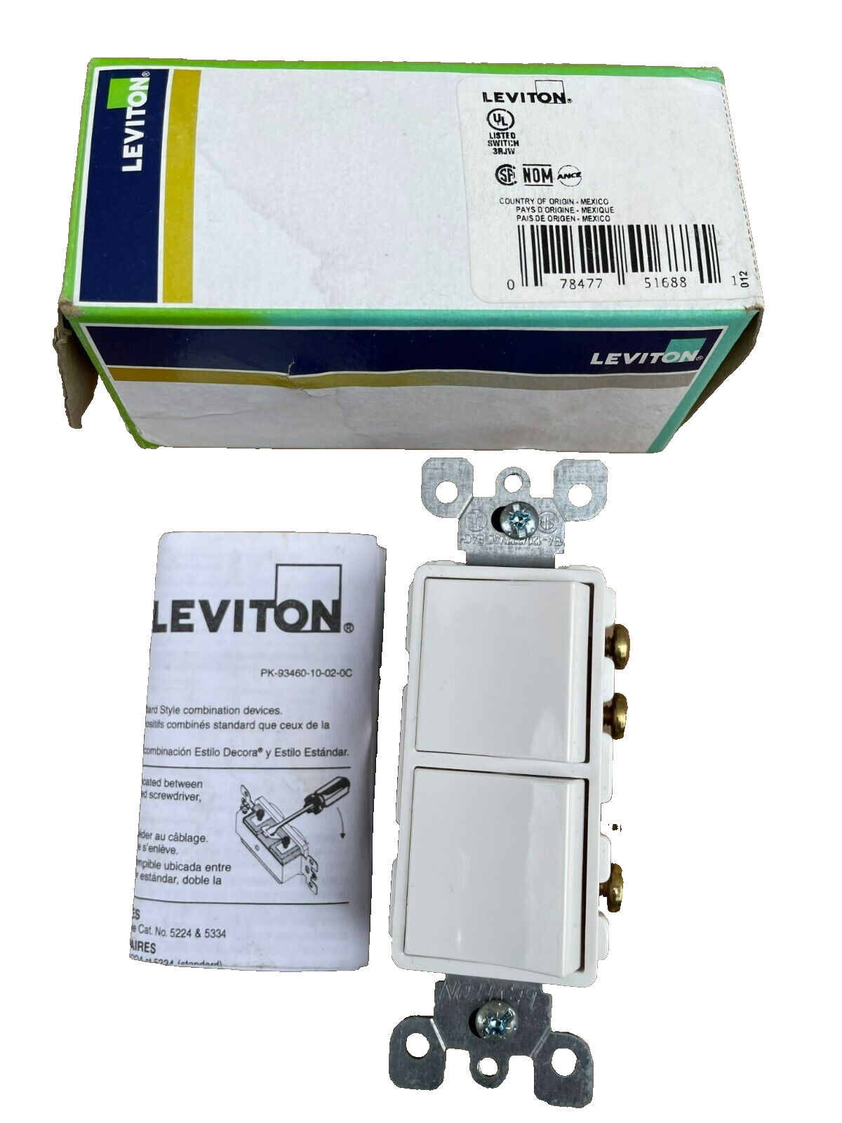 Leviton-5643-W White-Decora-Combination-Two-Switches 3-way, Side Wired
