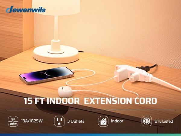 DEWENWILS 15FT Flat Plug Extension Cord, Ultra Thin 3-Outlet Power Strip