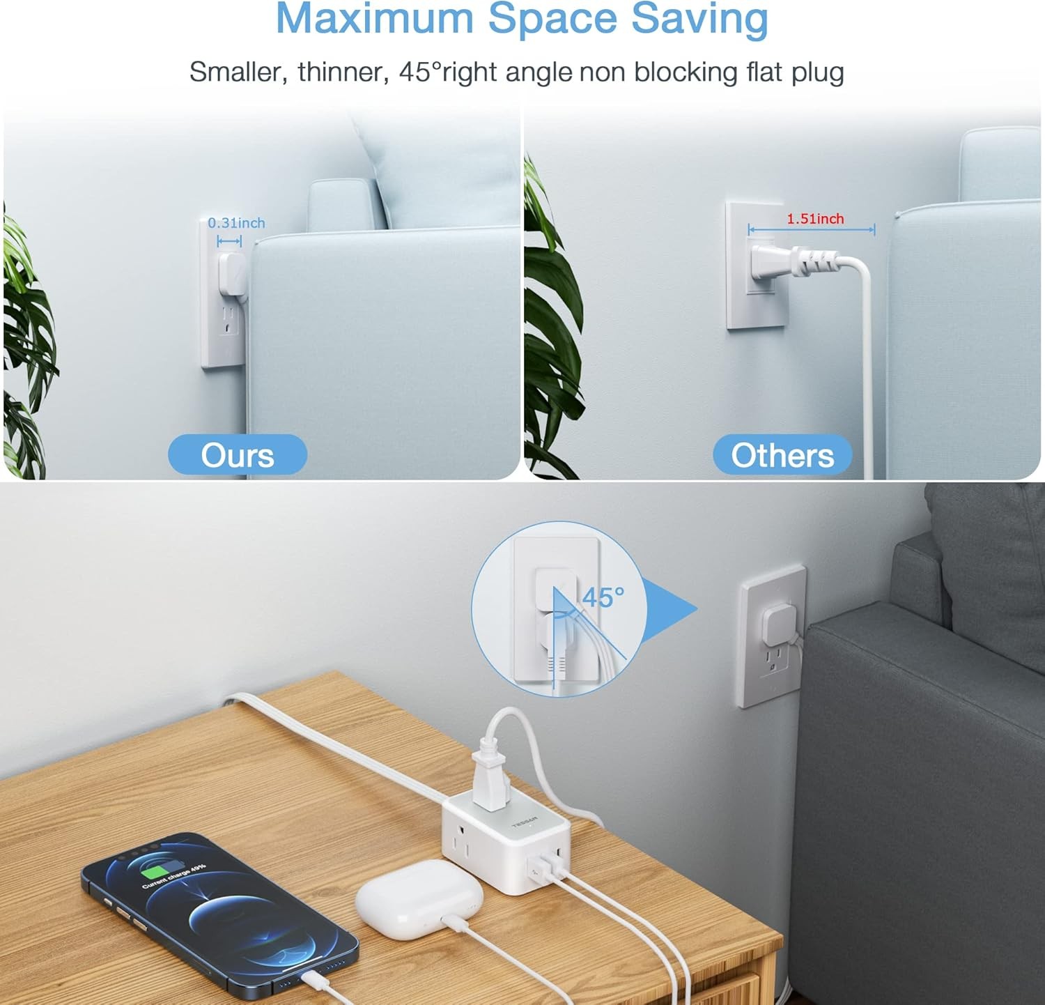 Flat Plug Power Strip with 3 USB Charger (1 USB C) 3 Outlet Extension Cord 10 FT