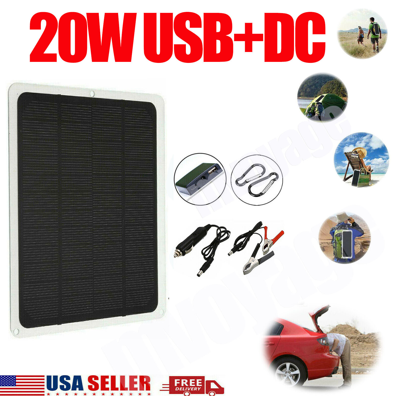 20W Solar Panel 12V Trickle Charger Battery Charger Kit Maintainer Boat Car RV