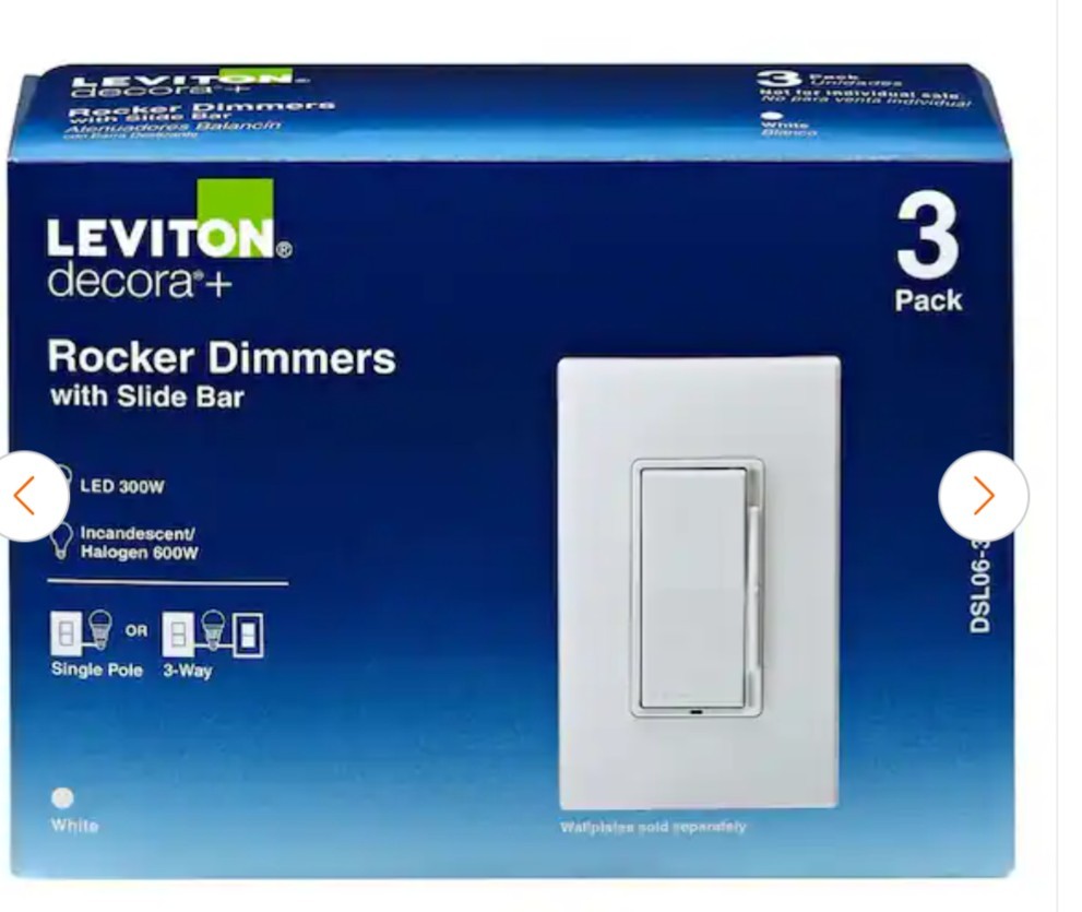 Leviton Decora+ DSL06-3PW Rocker Dimmer Switch with Slide Bar 3-Pack White 120V
