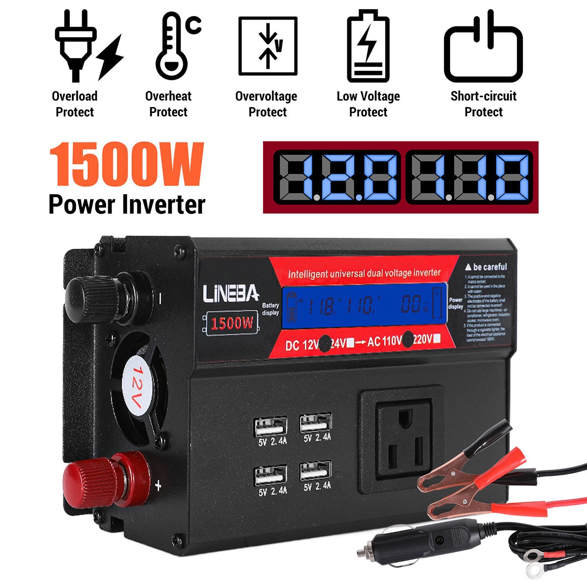 1500W 2500W 5000W Car Power Inverter 12V to 110V Converter 3AC 4USB LCD Display