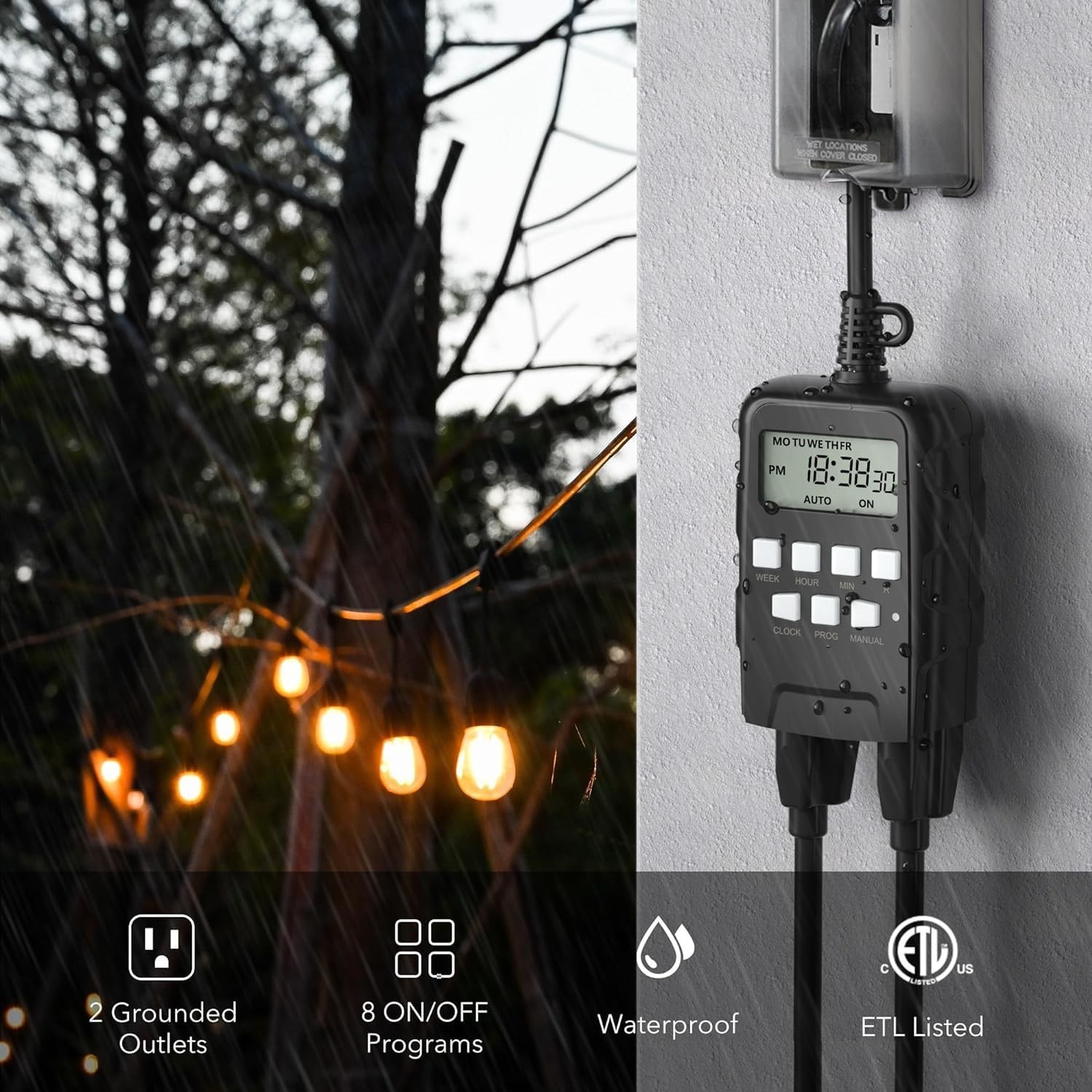 BN-LINK 7 Day Outdoor Heavy Duty Digital Programmable Timer Dual Outlet 125V AC