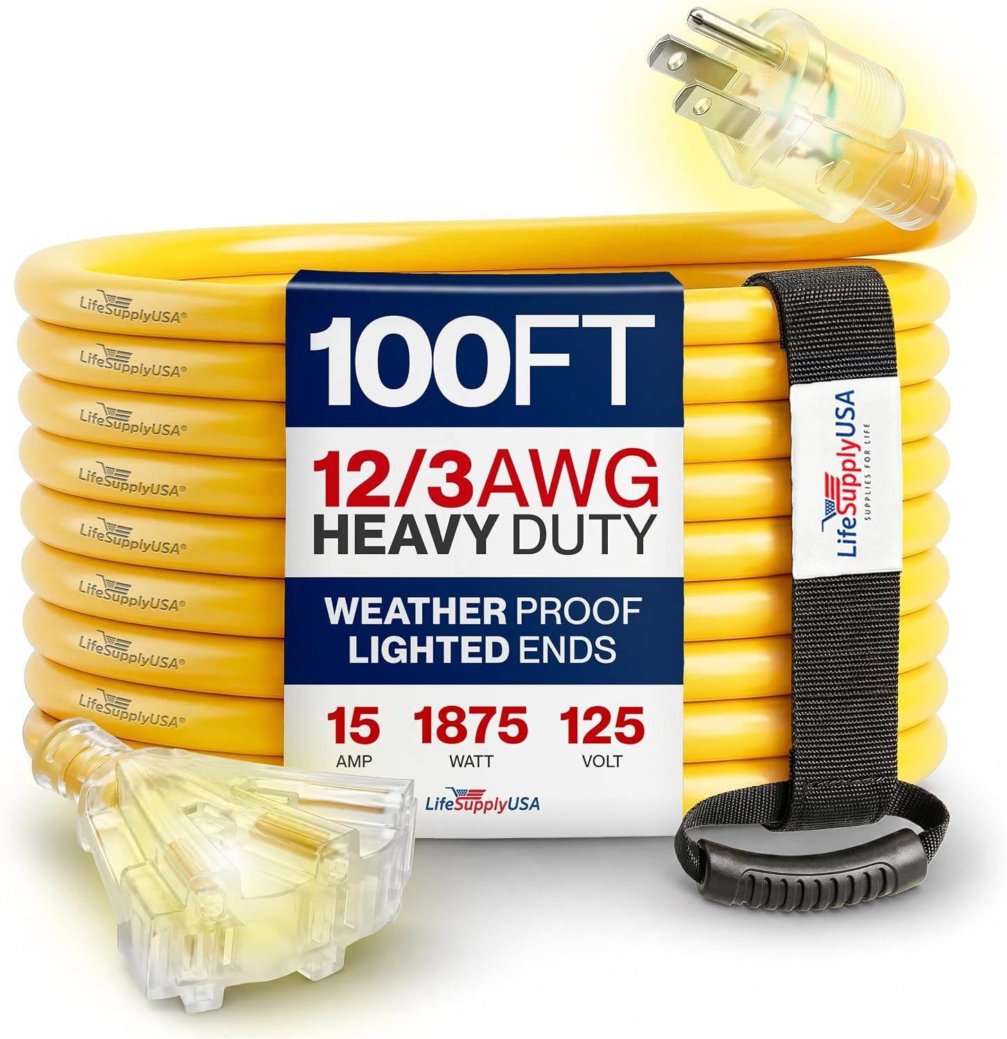 100ft Outdoor/Indoor Extension Cord 3-Outlet 12/3 Gauge Extra 3 Prong SJTW