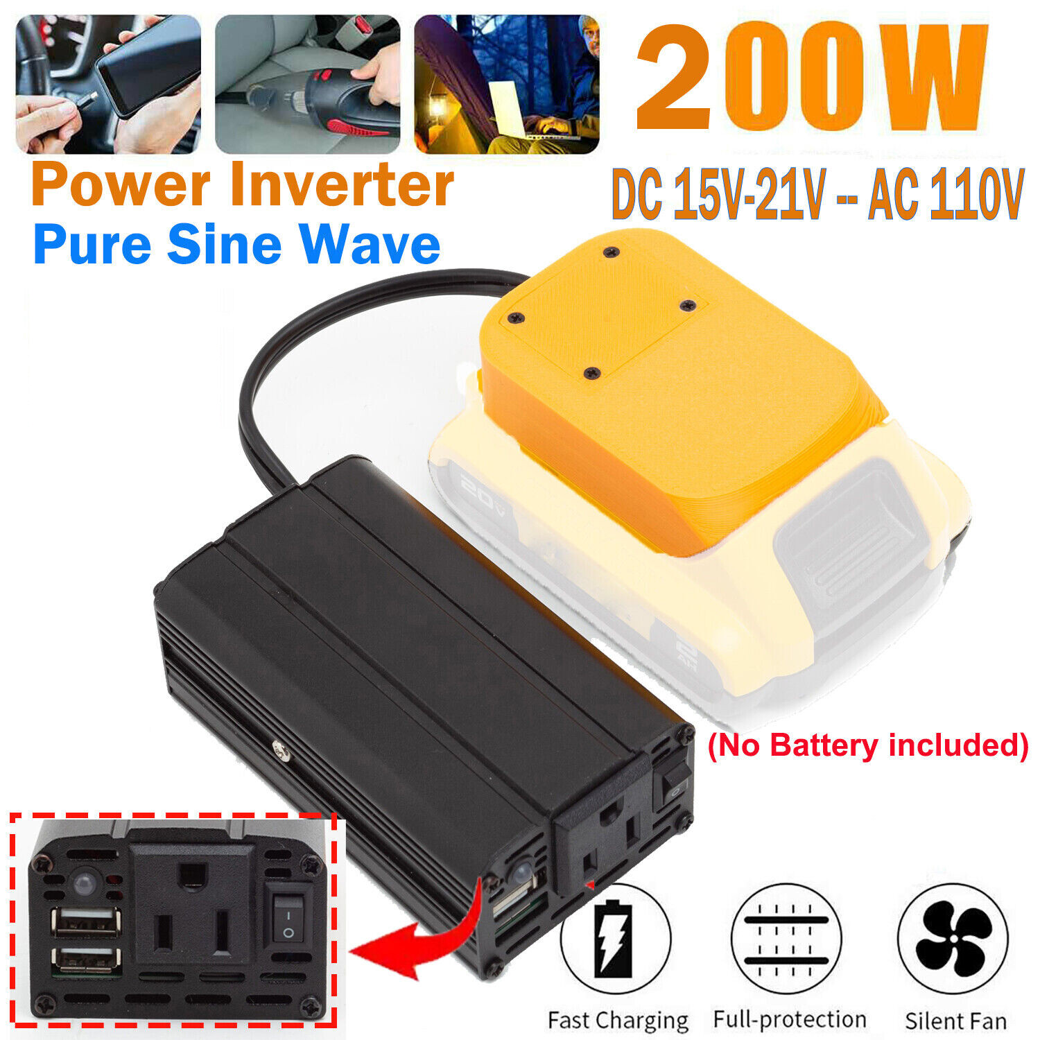 Power Inverter For Dewalt Battery DC18-20V to AC 110V Dual USB Outdoor Pure Wave