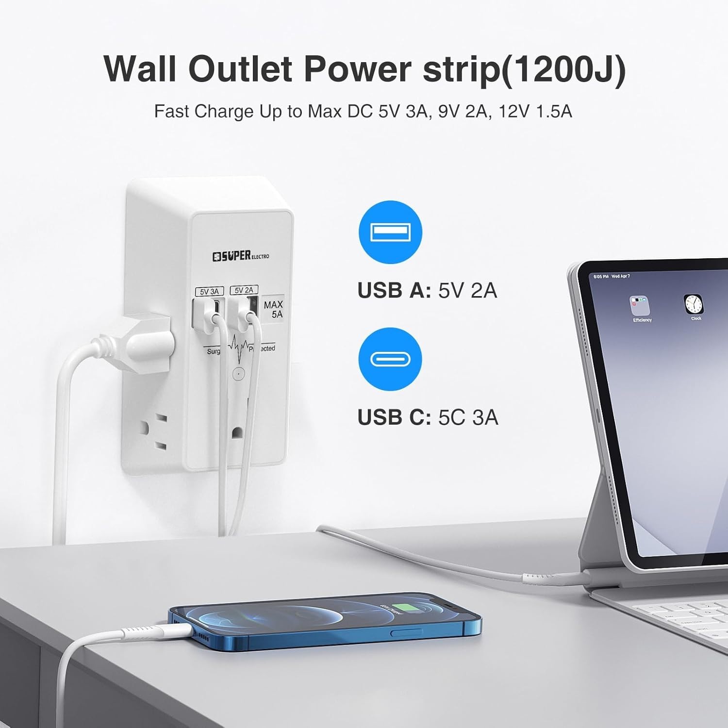 USB Wall Charger Surge Protector 5 Outlet Extender with 4 USB Charging Ports